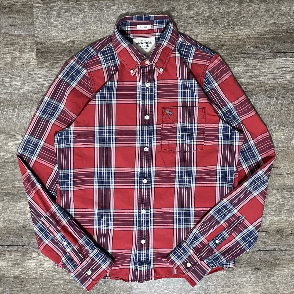 Abercrombie & Fitch Button Up Shirt Men's XL Muscle Fit Red Plaid Moose Logo
